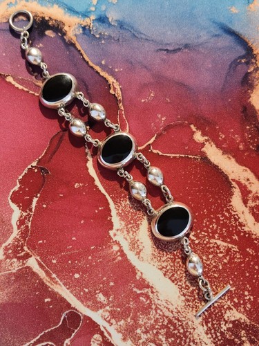 Vintage Genuine Black Onyx 925 Sterling Silver Tennis Bracelet - Picture 7 of 8