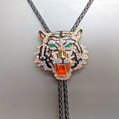 Rhinestone Gold Tiger Head Bola Bolo Tie Wedding Necklace Western Cowboy Necktie