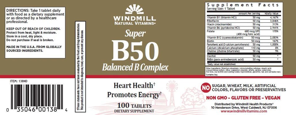 Windmill Super B-50 Comprimidos Complejo B Equilibrado Apoya el Sistema Nervioso 100 Unidades Foto 2 de 2