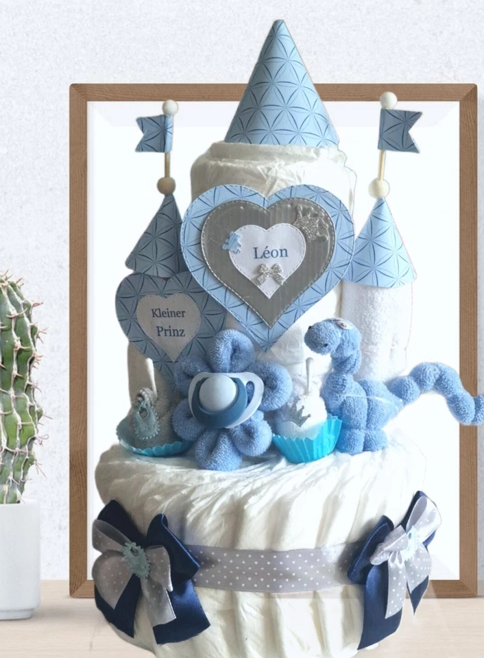 MARKENLOS Windeltorte Schloss blau Dino Cupcakes mit Wunschname personalisiert