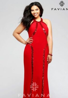 open lace back dress Faviana 11248 Size 6 Red Prom Dress Sequin Floral Top Slit Simple