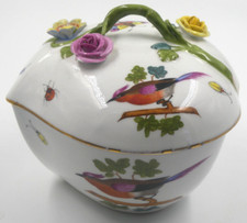 SCHÖNER VINTAGE HEREND GROSSER BLATTFÖRMIGER DECKEL VOGEL DESIGN TOPF 3 BLUMEN AUF DECKEL
