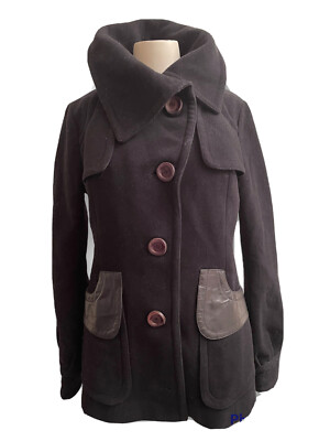 MACKAGE Wool/Cashmere Blend Button-Up Coat Jacket Leather Detail Black Size S