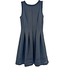 Ann Taylor Black Pleated Laser Cut Scuba Dress Sleeveless Eyelet Stretch Size 2