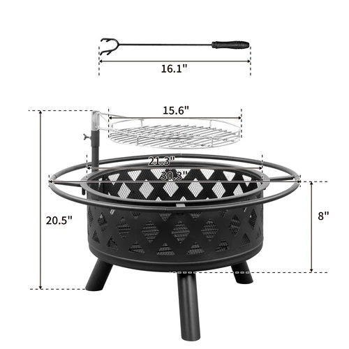 High Quality 30in Metal Fire Pit with Cooking Grates Outdoor Black US - Picture 4 of 21