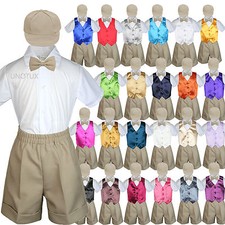Baby Boys Toddler Formal 5pc Khaki Shorts Hat Bow Tie Suit  Color Vest to Pick
