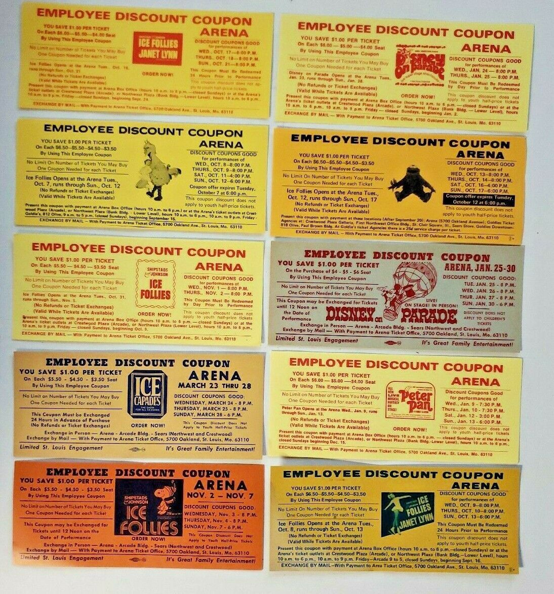 Vintage Employee Coupons for The St.Louis Arena Lot of 10 Assorted 