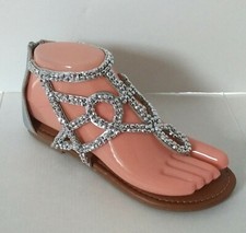 Girls size 1 Silver Beaded Gladiator Thong Sandals Flats Back Zip Festive