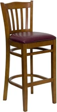 Cherry Wood Finished Vertical Slat Back Restaurant Bar Stool with Burgundy Vinyl