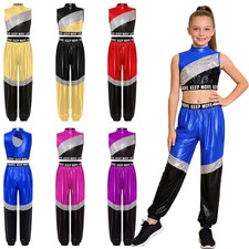 Kids Girls Hip Hop Dance Outfits Shiny Metallic Crop Top and Jogger Pants Set