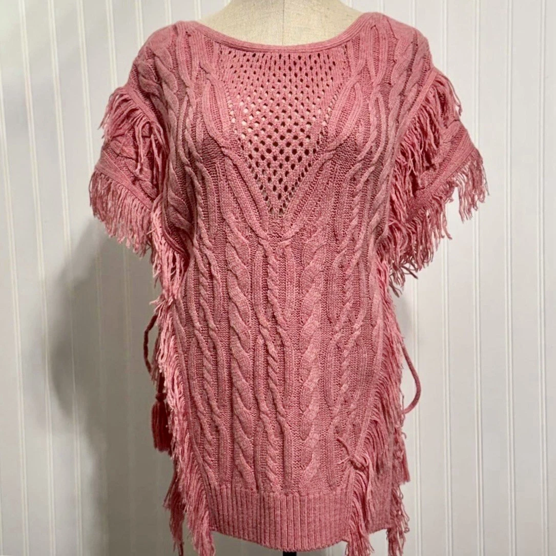 New York & Company Pink Fringe Cable Knit Poncho Sweater Tassels Boho XS S