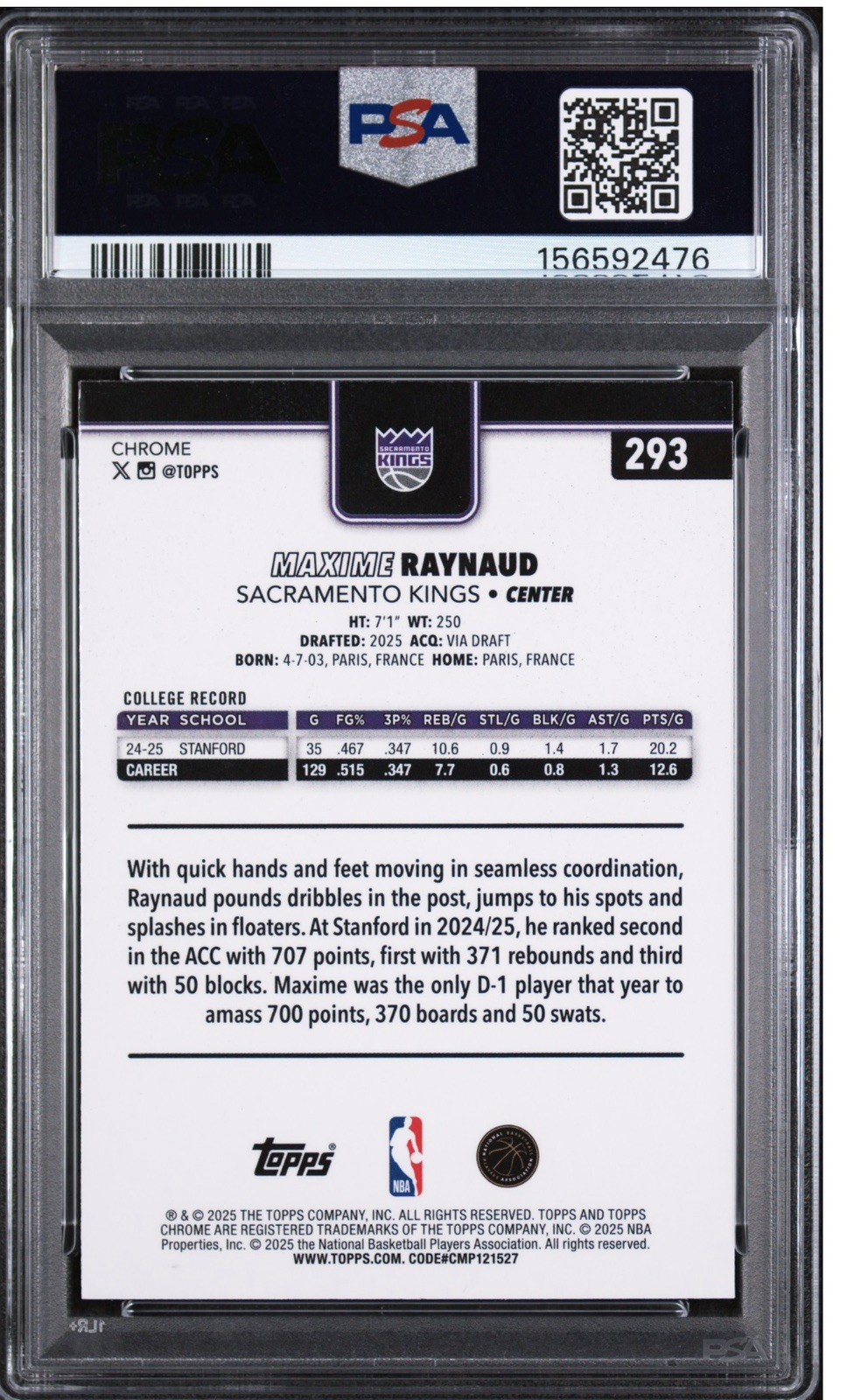 2025 TOPPS CHROME BASKETBALL REFRACTOR RC🔥MAXIME RAYNAUD PSA 10💎Rookie📈SP view 2