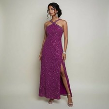 Vtg 90s Scala Pink Criss Cross Halter Beaded Silk Sheath Midi Dress Size M