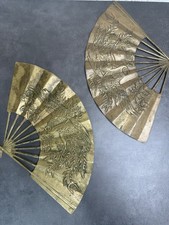 Brass Wall Hanging Decorative Fans with Phoenix Motif 2 with Patina and Vintage
