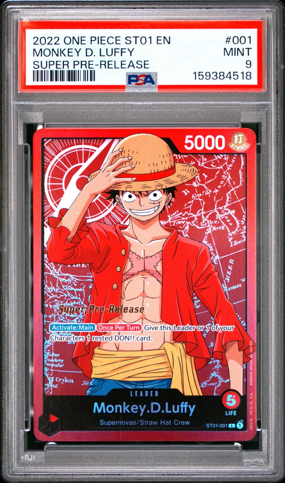 One Piece ST01 Monkey D Luffy Super Pre Release Straw Hat Crew #001 PSA 9 MINT
