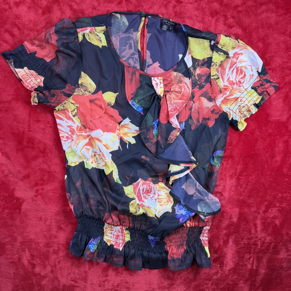Ted Baker London Blumen Florale Sheer Bluse Größe 3 Rüschen Peplum Kurzarm - Bild 1 von 4
