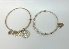 Alex & Ani Gold Tone Ajustable Charm & Crystal beaded Bracelet Lot 21.0g