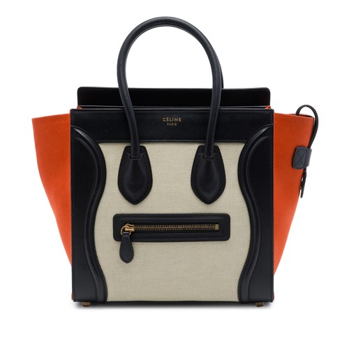 Celine Micro Tricolor Canvas and Leather Luggage Tote Pre-Loved Light Beige