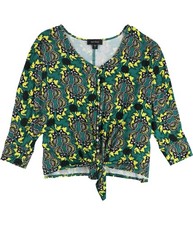Karen Kane Womens Floral Tie Front Button Down Blouse, Green, Large