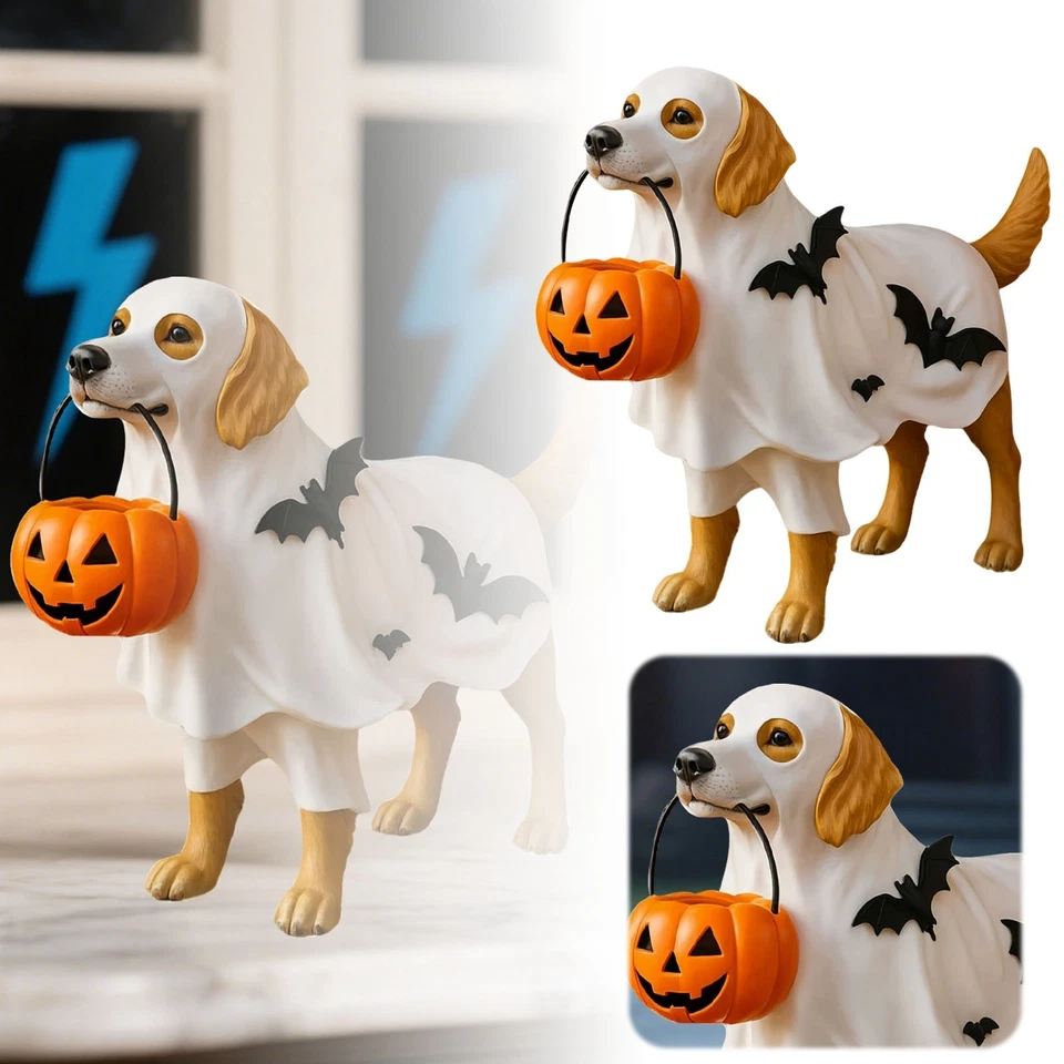 Ghost Dog Halloween Decoration, Resin Halloween Dogs Ghost Decor Indoor Pumpkin - Image 2 of 4