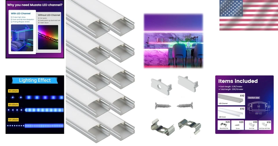 10 Pack 3.3FT/1M Silver U-Shape LED Channel Diffuser with Milky White Cover - Image 2 of 4