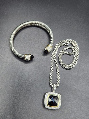 #ad #ad 2 Tone Black Stone And Rhinestones Pendant Necklace and Cuff Bracelet $27.11