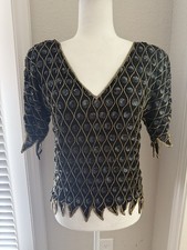 Vintage 100 Silk Black Gold Beaded Sequin Evening Blouse Size S Sequin Stunning