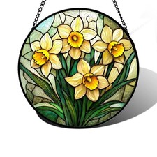 Stained Glass Window Hanging, Daffodil Plant Flowers 6.3x6.3 IN Greenish Yellow
