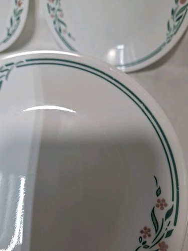 Vtg Corelle Bread Dessert Plates, Rosemarie, Green Trim, Set of Four, 6.75" - Picture 6 of 10
