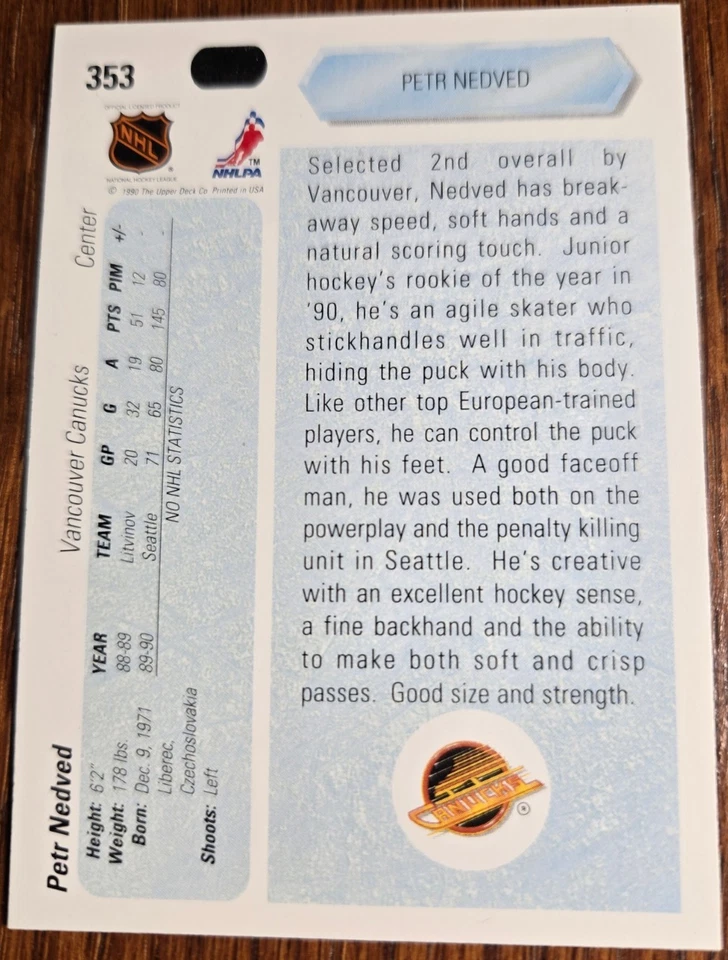 1990-91 Upper Deck Petr Nedved Rookie Card RC #353 Vancouver Canucks Mint - Image 2 of 2