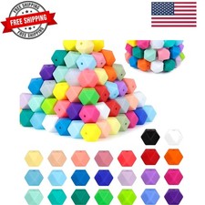 90PCS Hexagon Silicone Beads,30 Colors 14mm Silicone Beads for Keychain Makin...