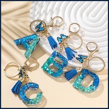 1pc Alloy Alphabet Initial Keychain Royal Blue Butterfly Tassel Letter