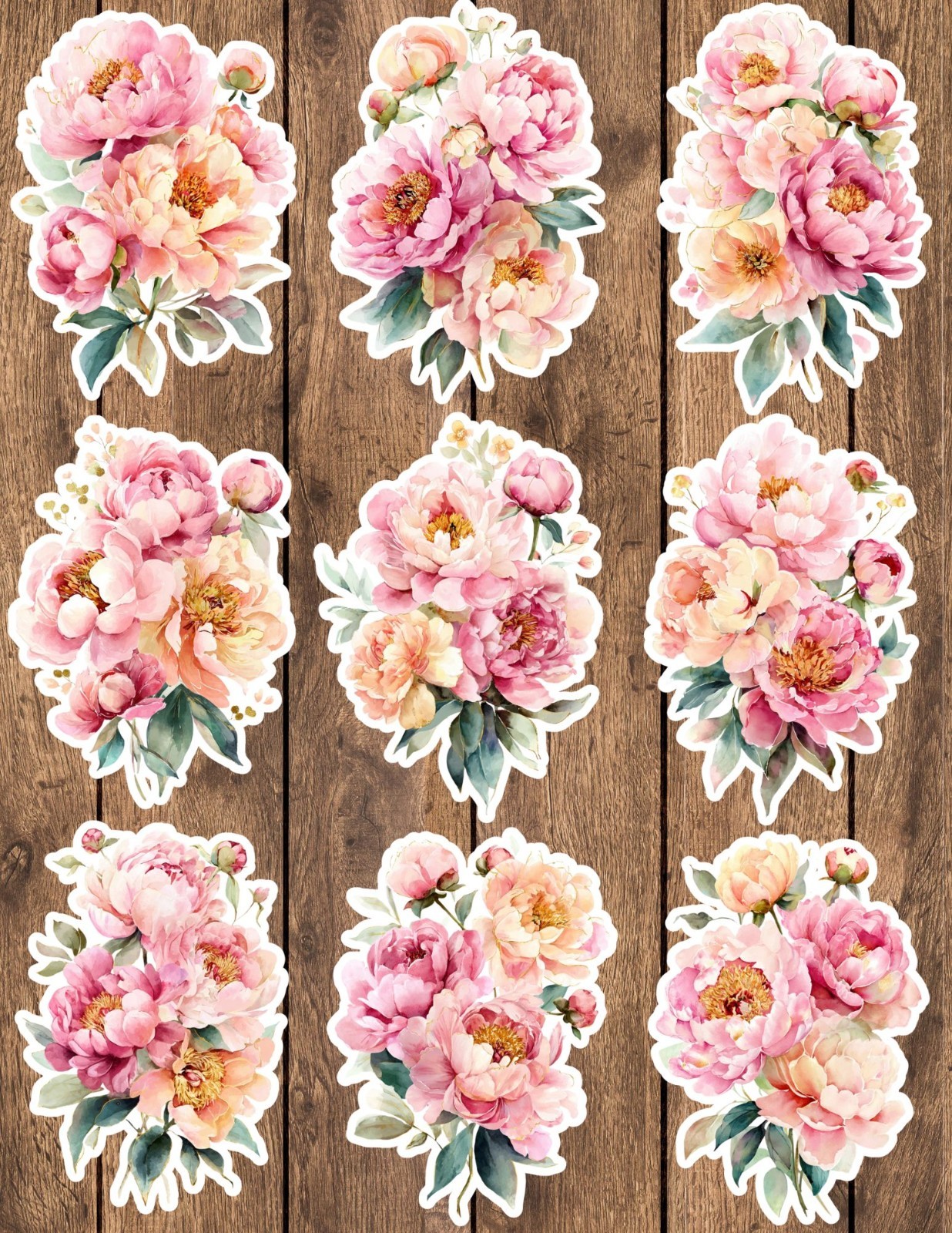 Pink Peonies Flowers Vinyl Stickers Set Scrapbooking Laptop Water Bottle