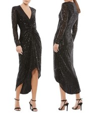 Mac Duggal 26549 Sz 10 Black Sequined High Low Ruched Midi Cocktail Gown $298