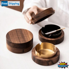 Wooden Ashtray With Lid Stainless Steel Liner Windproof Tabletop Cigarettes Tray