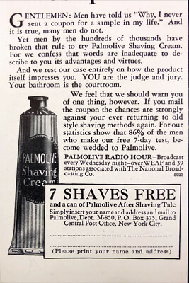 1930  Palmolive Shaving Cream 7 Shaves Free Man Shaving Vintage Print Ad