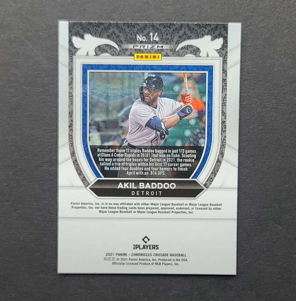 Akil Baddoo 2021 Panini Chronicles Crusade Purple Velocity Prizm RC #14 Tigers - Image 2 of 2