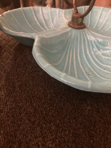 Vintage California Pottery Divided Dish Light Blue w/ Speckles And Metal Handle - Picture 6 of 13