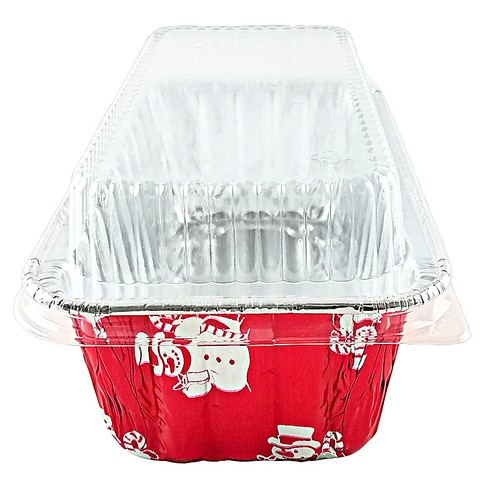 PACTOG 2 lb. Red Aluminum Foil Holiday Christmas Loaf Bread Pan w/Clear Dome Lid - Picture 24 of 81