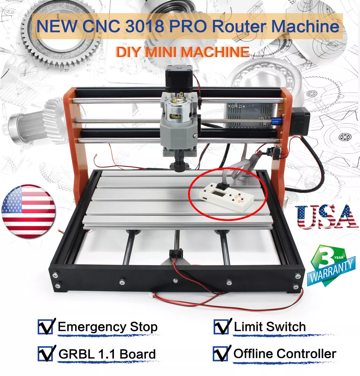 US丨CNC 3018 PRO DIY Engraving Machine+Offline Controller+XYZ Limit Switch+E-Stop