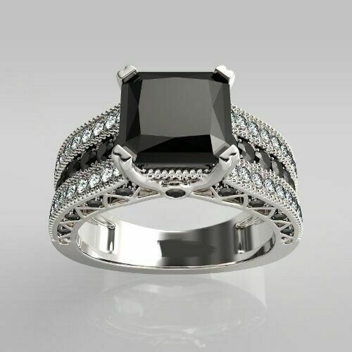 Anello di Fidanzamento 2CT Creato in Laboratorio Principi Neri Diamanti Set Sposa Oro Bianco 14K - Foto 2 di 4