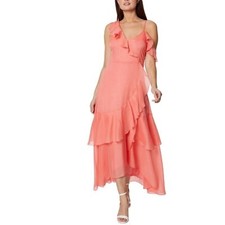 BCBGENERATION Women’s High Low Tiered Ruffled Asymmetric Maxi Dress Coral Size 8