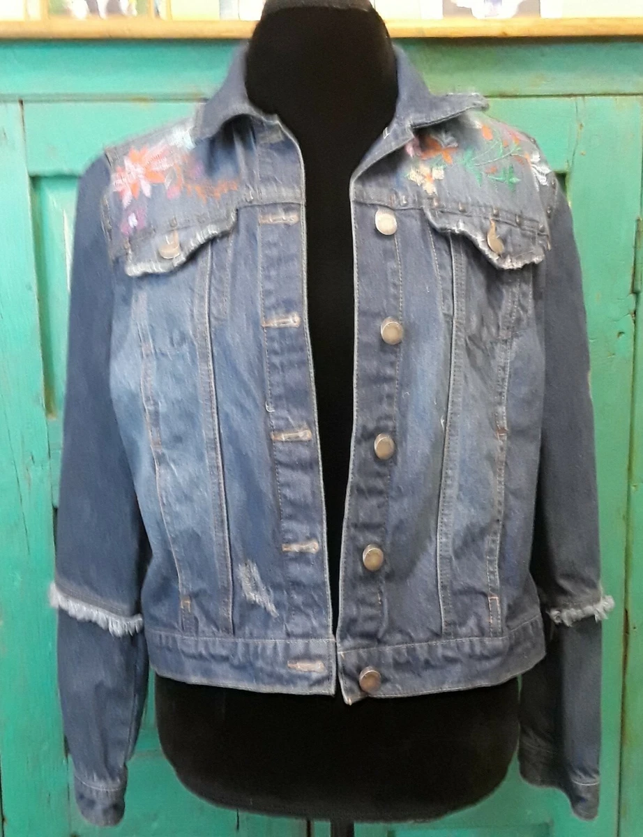 Buffalo David Bitton Womens Jean Jacket Blue Denim with Flower Embroidery Sz. L