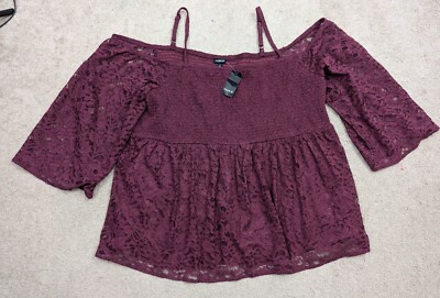 NWT Torrid SZ 5 Maroon Burgundy Babydoll Lace Smocked Cold Shoulder Blouse 0449