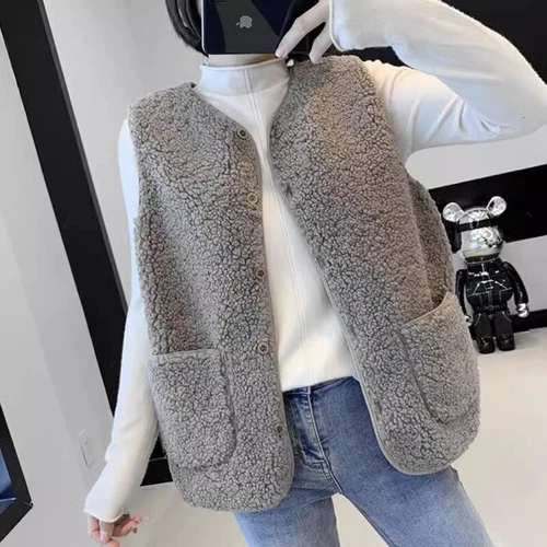 Lady Sleeveless Sherpa Fleece Vest Jacket Soft Cardigan Outwear Gilet Pocket Top - Picture 12 of 23