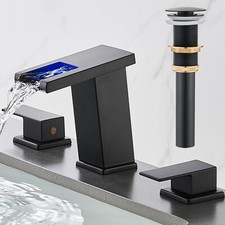 LED Bathroom Faucet 3 Hole, Matte Black Waterfall Bathroom Faucets, 8 Inch Wi...