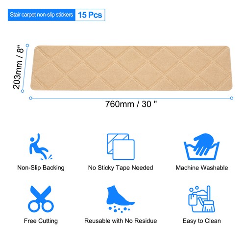 15 Packs Non Slip Stair Treads 8"x30" Carpet Mat for Indoor Wooden Stairs Beige - Picture 2 of 6