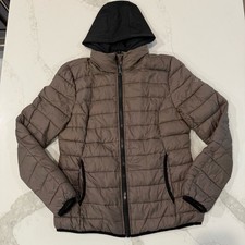 Guess Detachable Hoodie Puffer Jacket Women s Size Large Taupe Outerwear Casual