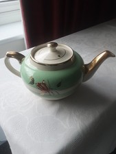 ANTIQUE PORCELAIN STAFFORDSHIRE  TEA POT GREEN & CREAM WITH GOLD TRIM AND FLOWER