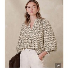 Banana Republic New Neutral Geometric Volume Sleeve Glam Blouse Cream Tan S